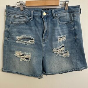 High-Rise Distressed Denim Shorts - Blue